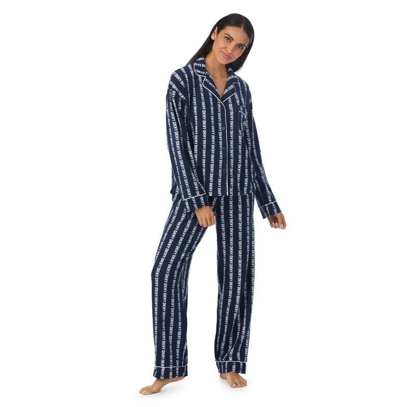 DKNY Folded Fleece Classic Pyjama Logo Stripe in Navy