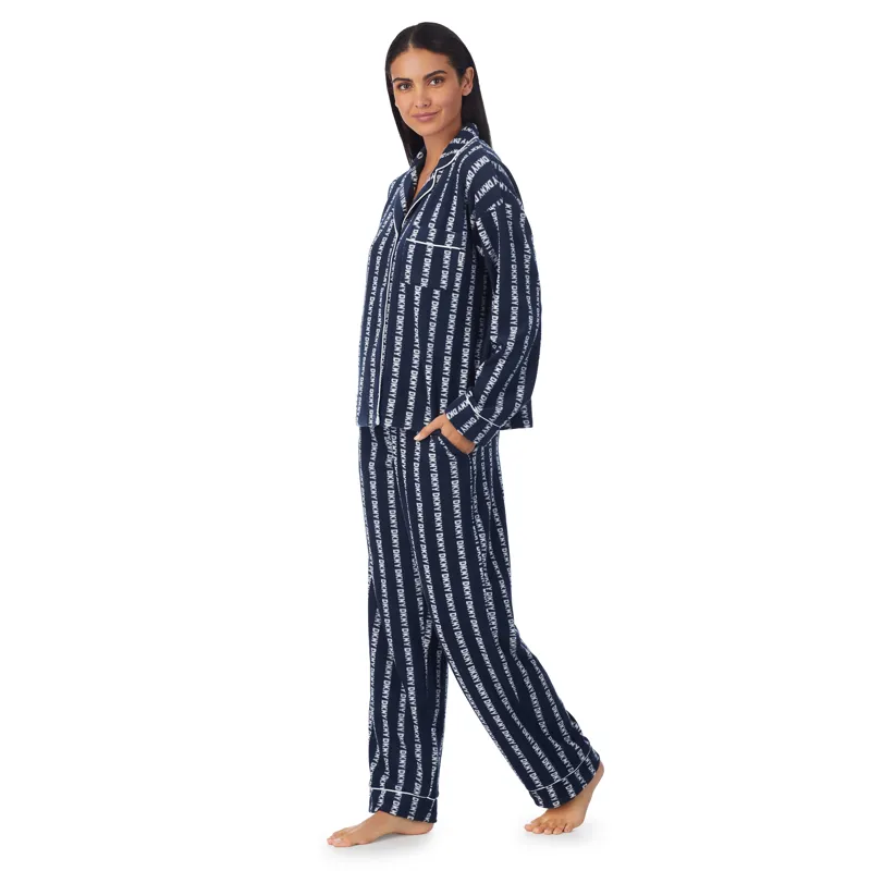 DKNY Folded Fleece Classic Pyjama Logo Stripe in Navy