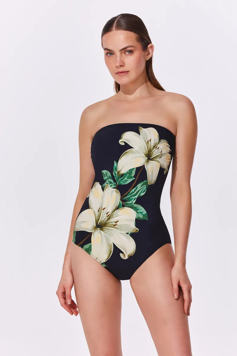 Gottex Yuki Flower Bandeau Swimsuit in Black