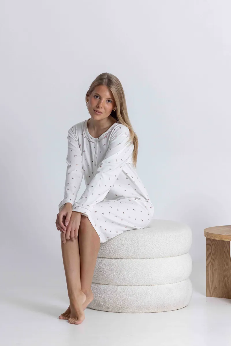 Mira Jersey Mini Flower Nightshirt in Pearl-2