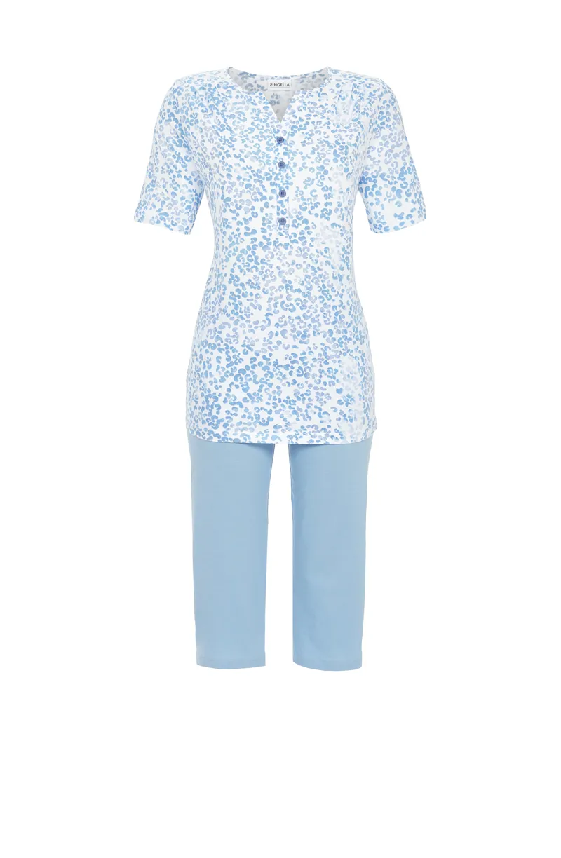 Ringella Button front Cotton Capri Pyjama in Blue Speckle