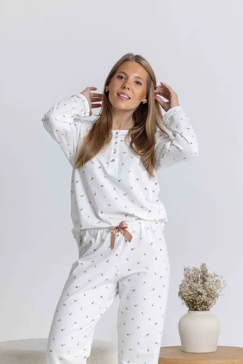 Mira Jersey Mini Flower Pyjama in Pearl-1