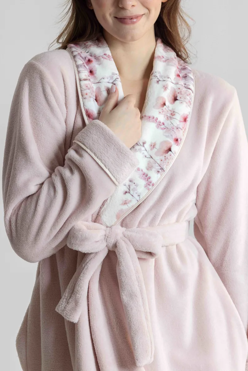 Mira Polar Fleece Meadow Trim Robe in Pink-2