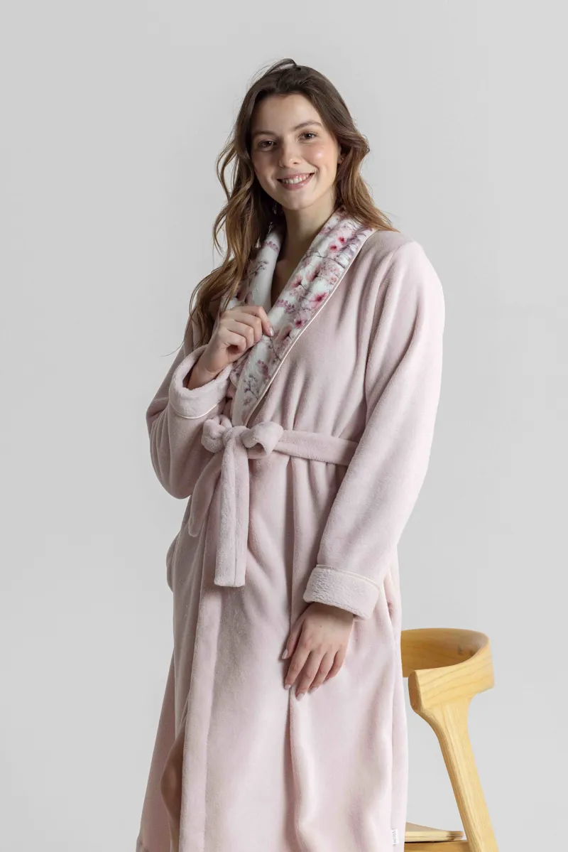 Mira Polar Fleece Meadow Trim Robe in Pink