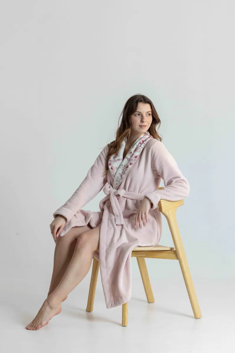 Mira Polar Fleece Meadow Trim Robe in Pink-3