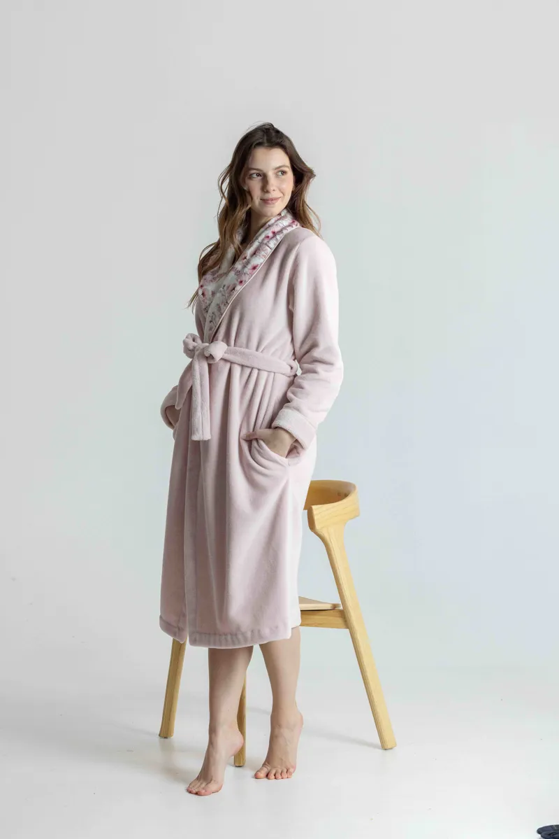Mira Polar Fleece Meadow Trim Robe in Pink-1