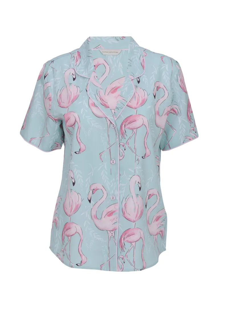 Cyberjammies Francesca Cropped Pyjama Set in Mint Flamingo-2