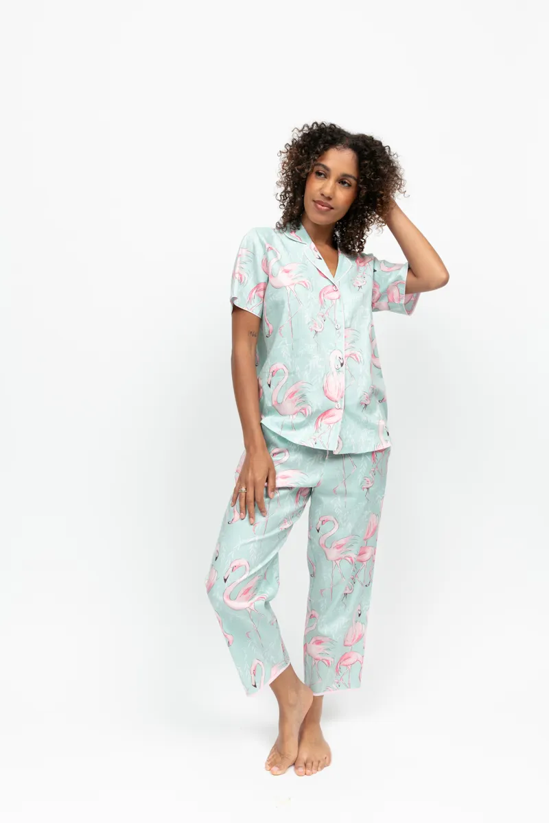 Cyberjammies Francesca Cropped Pyjama Set in Mint Flamingo