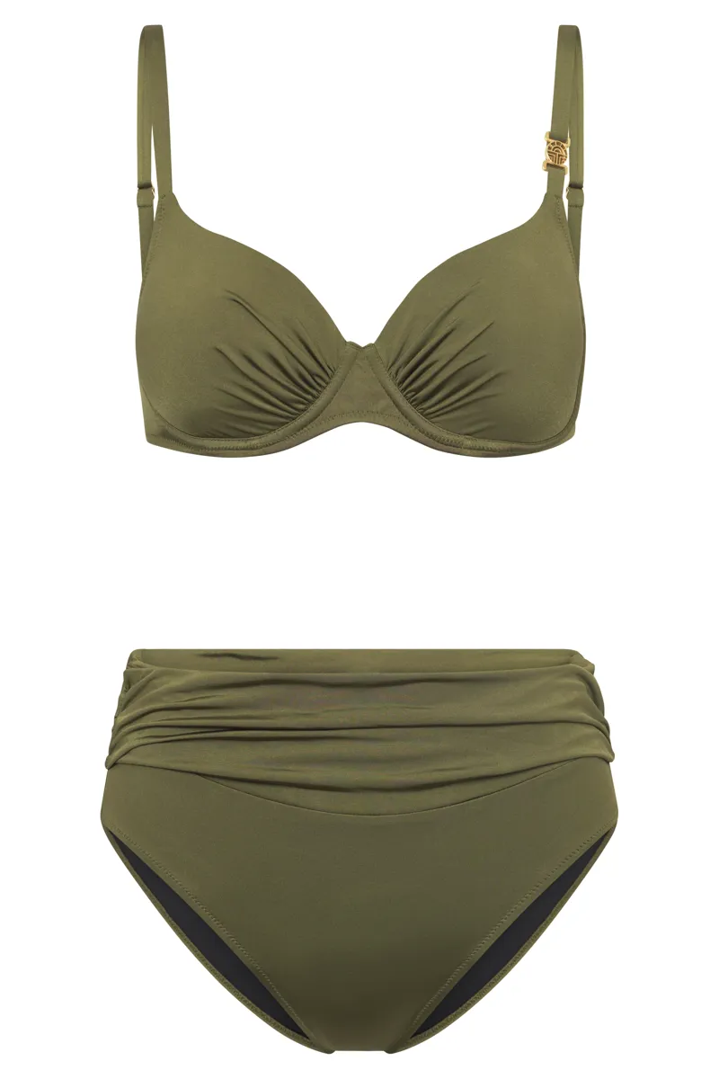 Louis Feraud Rouched High Brief Bikini in Olive