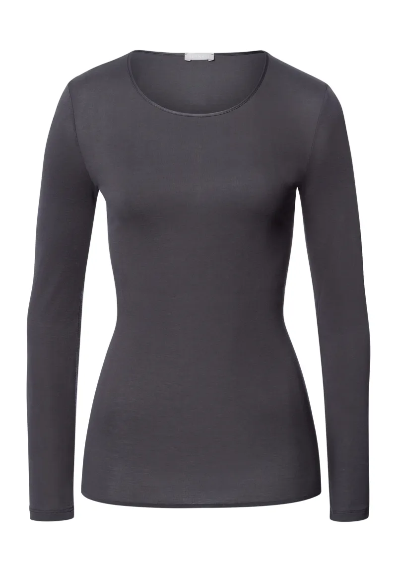 Hanro Cotton Seamless Long Sleeve Top in Black Pearl-4