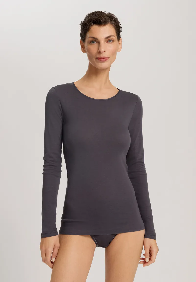 Hanro Cotton Seamless Long Sleeve Top in Black Pearl