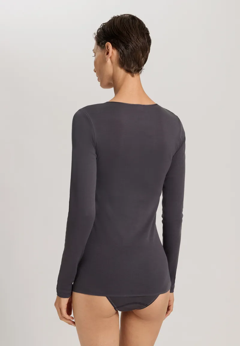 Hanro Cotton Seamless Long Sleeve Top in Black Pearl-1
