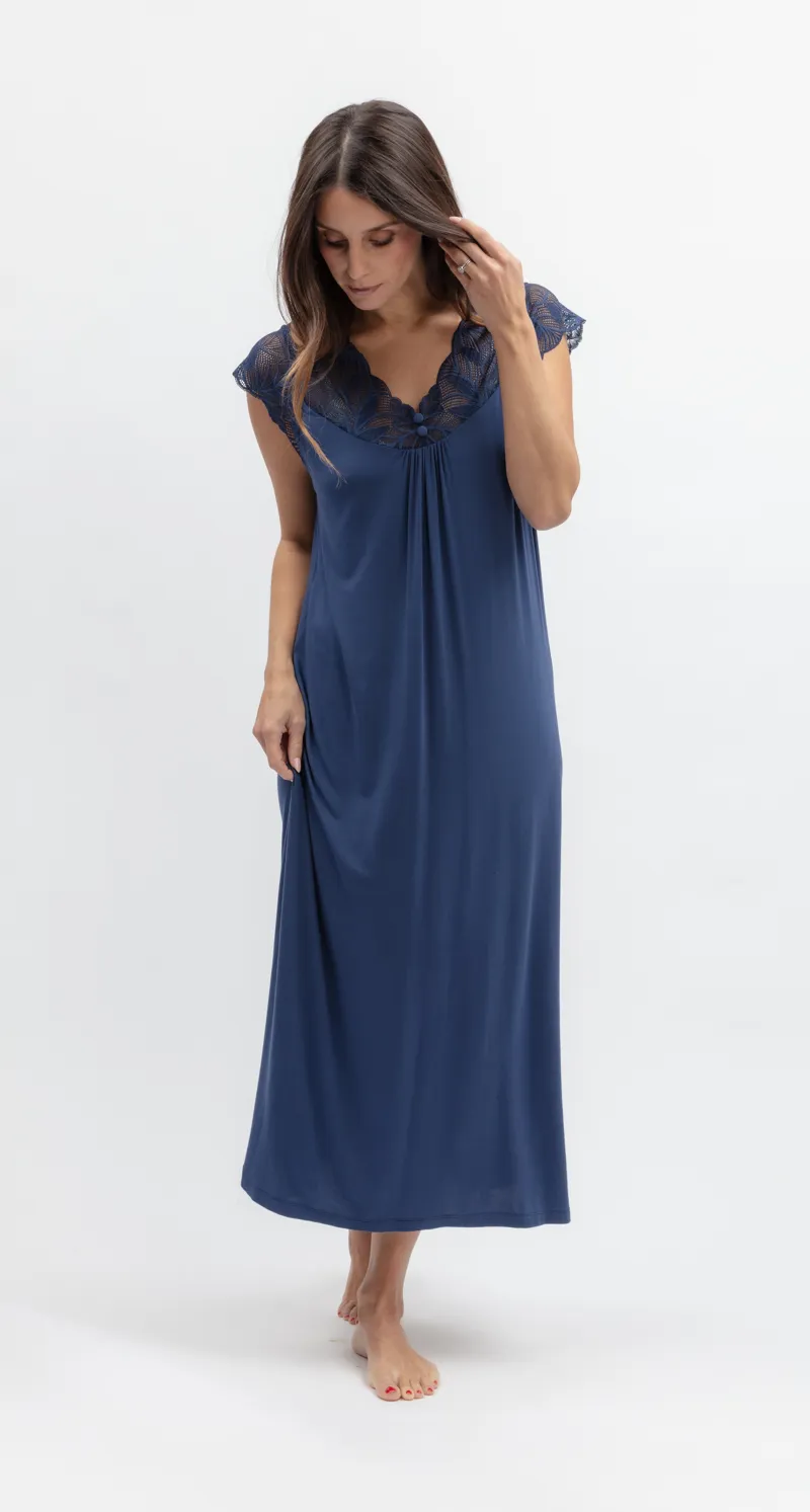 Cyberjammies Serene Jersey Galloon Lace Nightdress in Navy-1