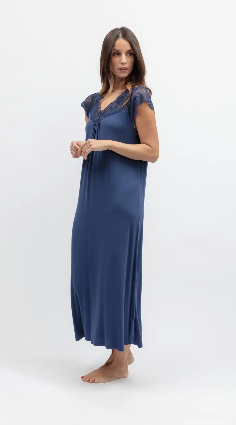Cyberjammies Serene Jersey Galloon Lace Nightdress in Navy-2